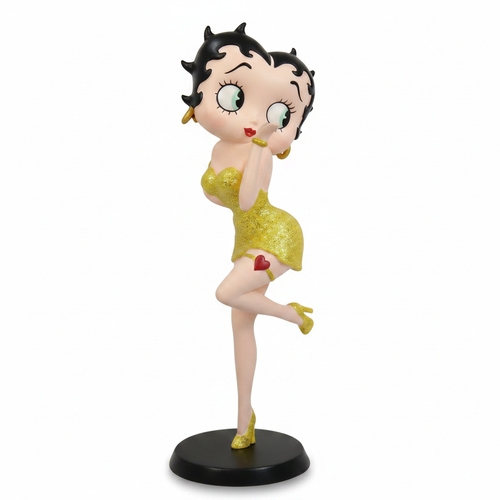 Betty Boop classic pose yellow glitter figurine on clean white background, professional product photography