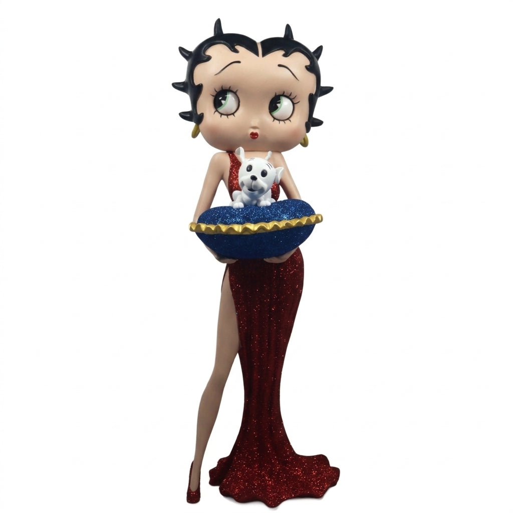 A stylized collectible figurine of Betty Boop in a glittery red gown holding a blue and gold tray with a small white dog, shown against a plain white background.