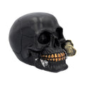 Black skull figurine with gold牙齿 and decorative elements on a white background