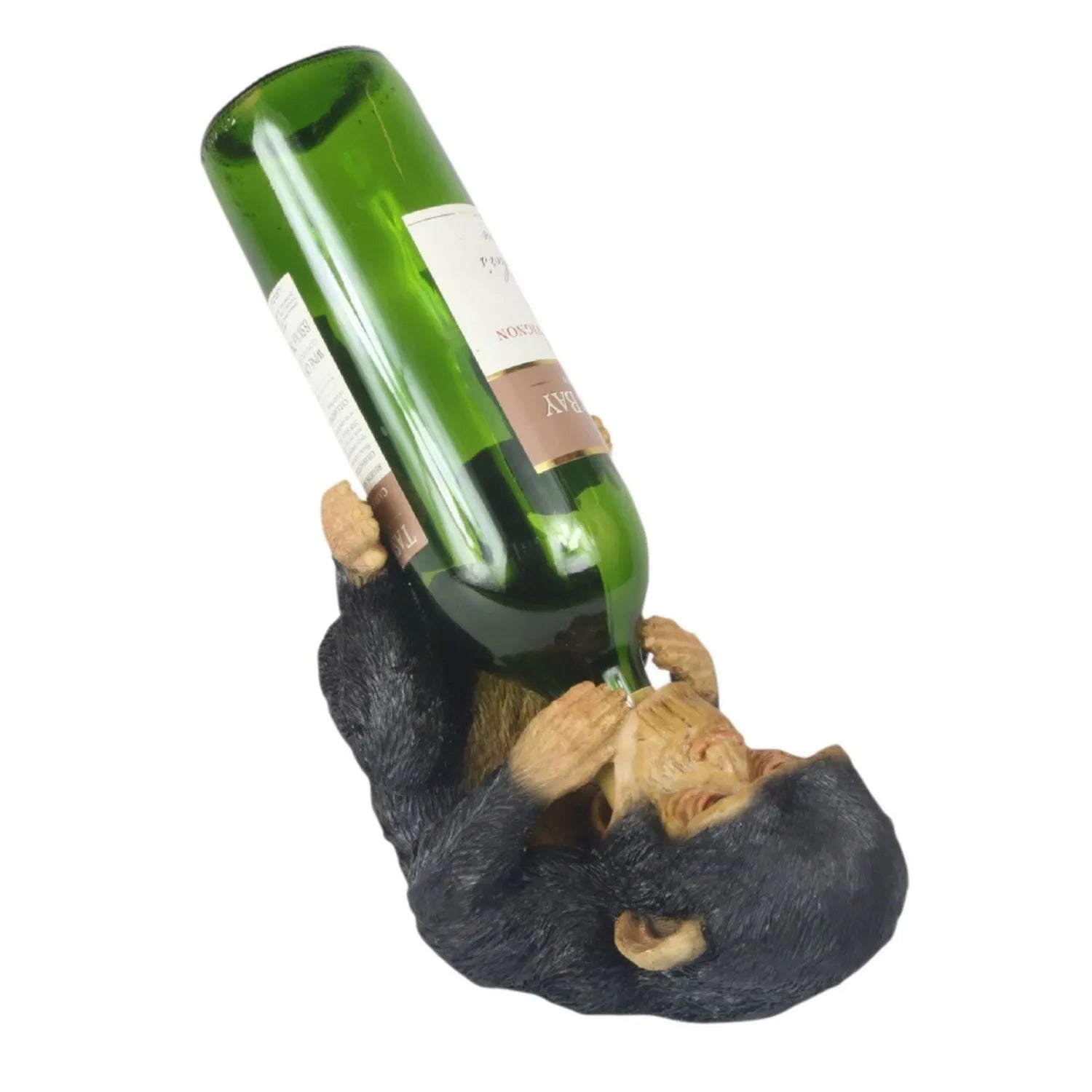 Wine bottle held by a sloth-shaped holder on a white background