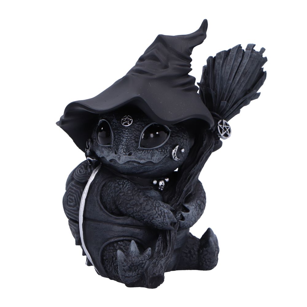 Black cat figurine wearing a witch hat with a pentacle symbol on a white background-Mystic-Cave