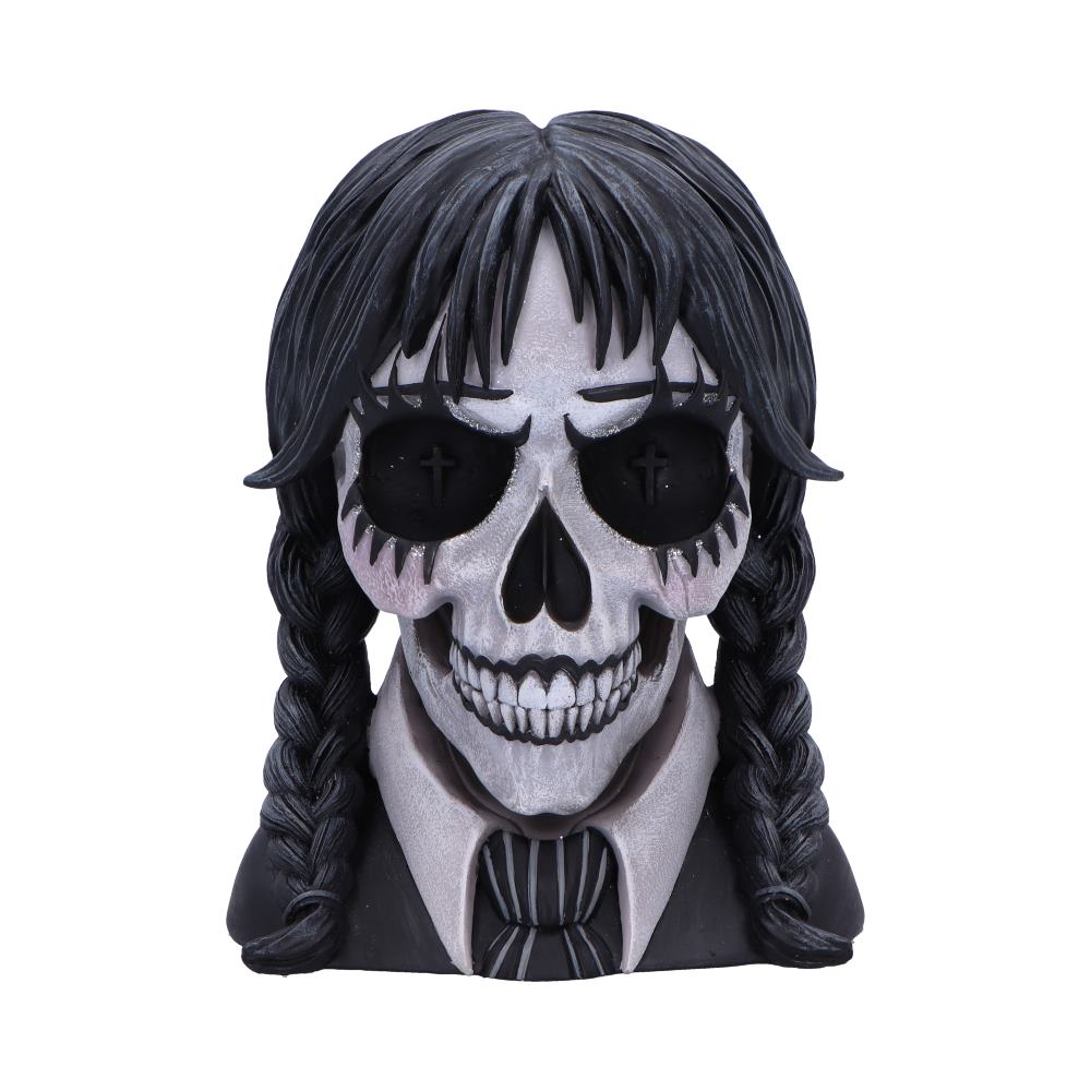 Skull-faced figure with black hair and a white shirt on a white background