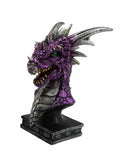 Dragon head sculpture with purple and silver colors on a white background
