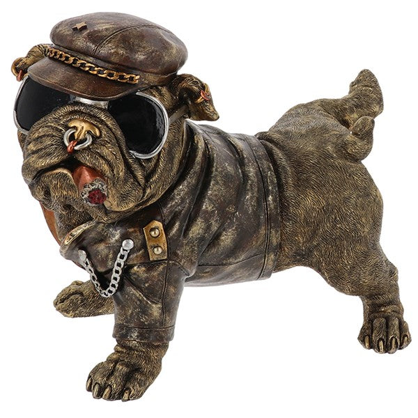 Statue of a bulldog wearing a leather outfit and helmet on a white background-Mystic-Cave