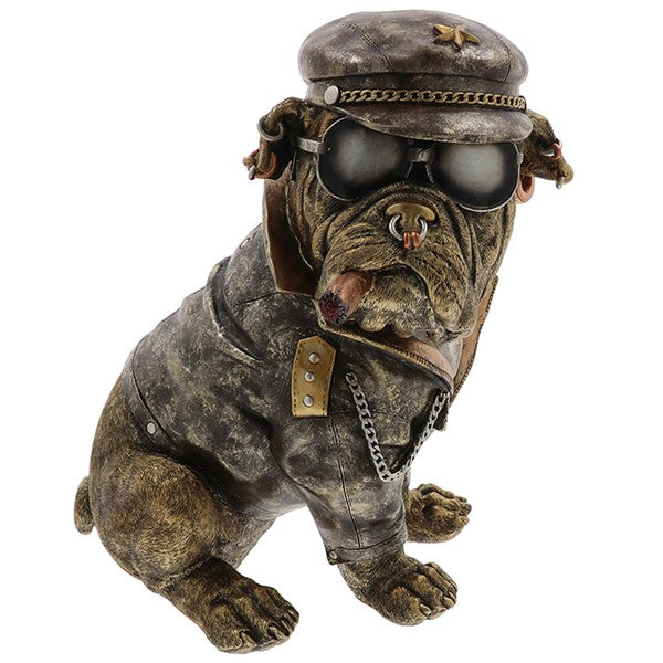 Statue of a bulldog wearing sunglasses and a cap on a white background-Mystic-Cave