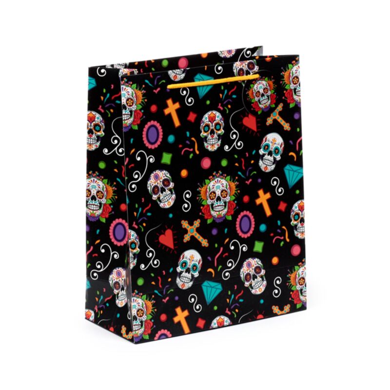 Gift bag with colorful skull design on a black background-Mystic-Cave