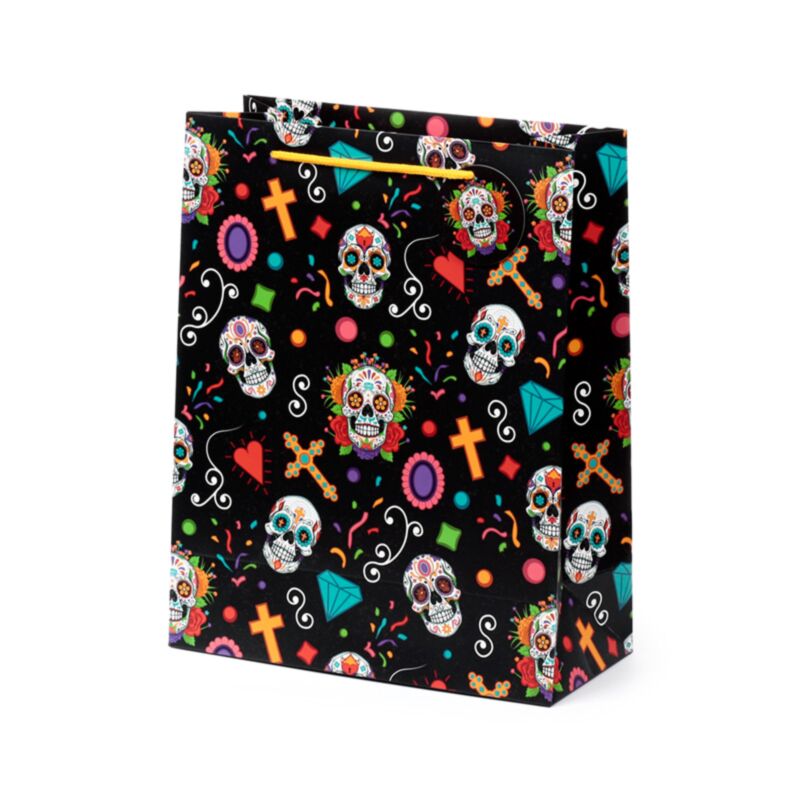 Gift bag with colorful skull and crossbones design on a black background-Mystic-Cave