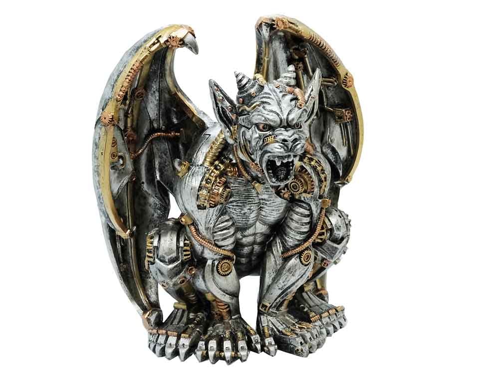Decorative gargoyle sculpture with metallic accents on a white background-Mystic-Cave