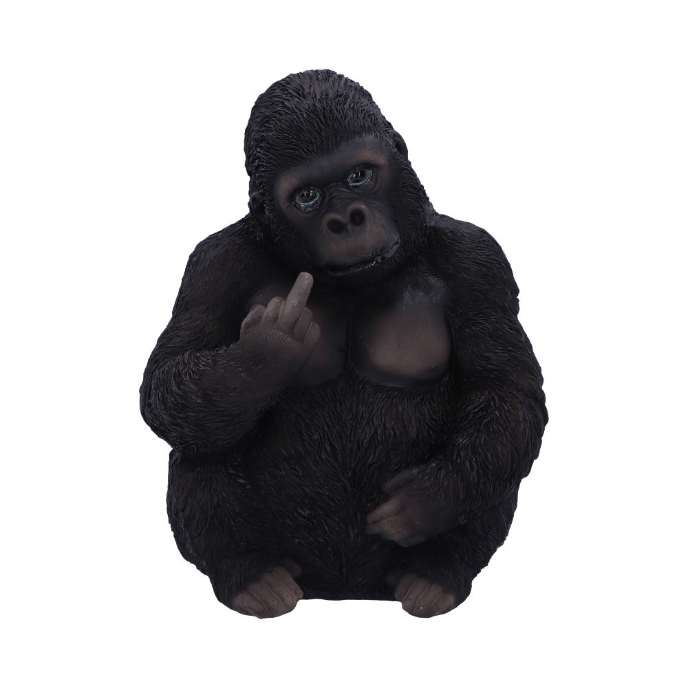 Stuffed gorilla toy making a middle finger gesture on a white background