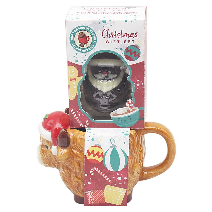 Christmas-themed mug and gift set packaging on a white background