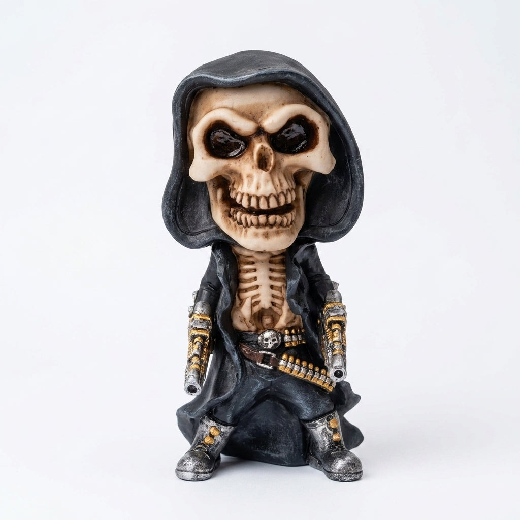 A gothic skeleton figurine wearing a black hooded robe and metallic armor, posed sitting against a clean white studio background.