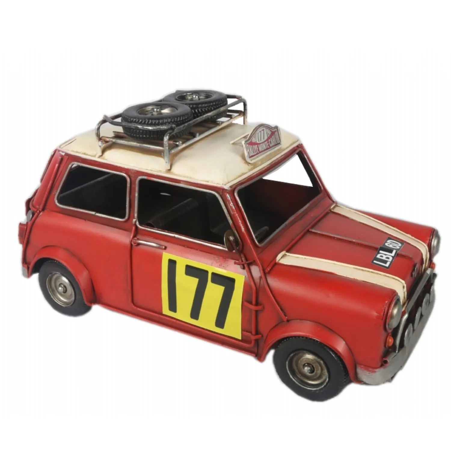 Model of a red vintage car with a yellow number 177 on a white background-Mystic-Cave