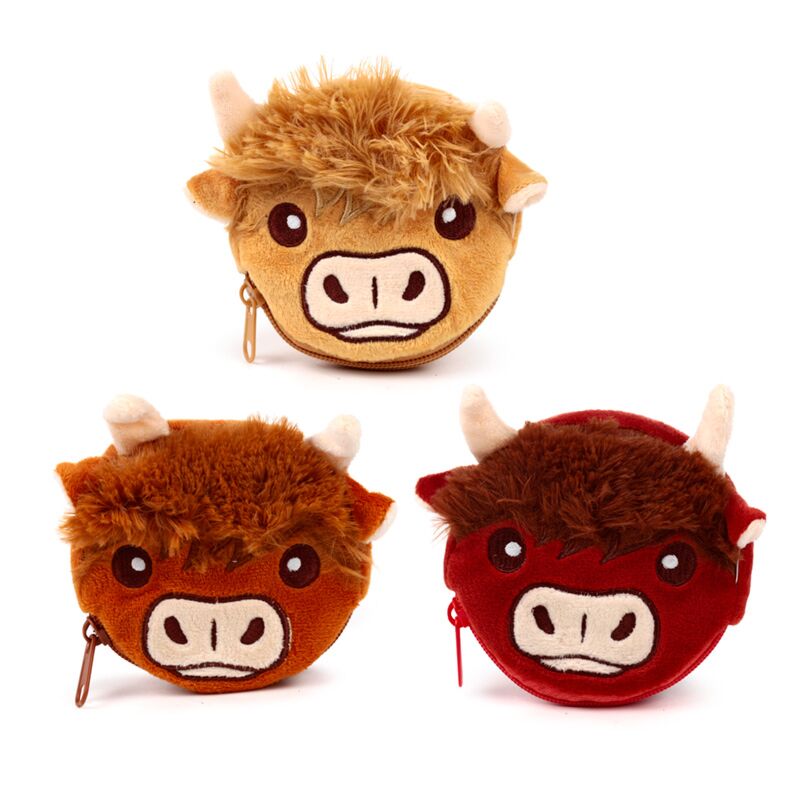 Three plush toy faces of a cow with different color options on a white background-Mystic-Cave