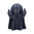 Ghost figurine making a middle finger gesture on a white background