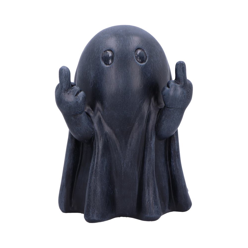 Ghost figurine making a middle finger gesture on a white background