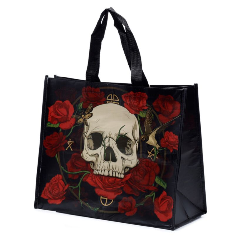 Black tote bag with a skull and red roses design on a white background-Mystic-Cave
