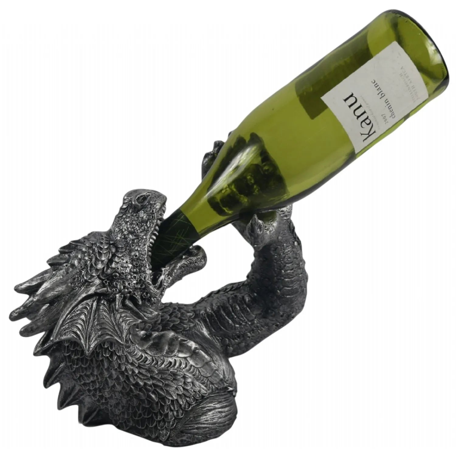 Dragon-shaped wine bottle holder with a green wine bottle on a white background