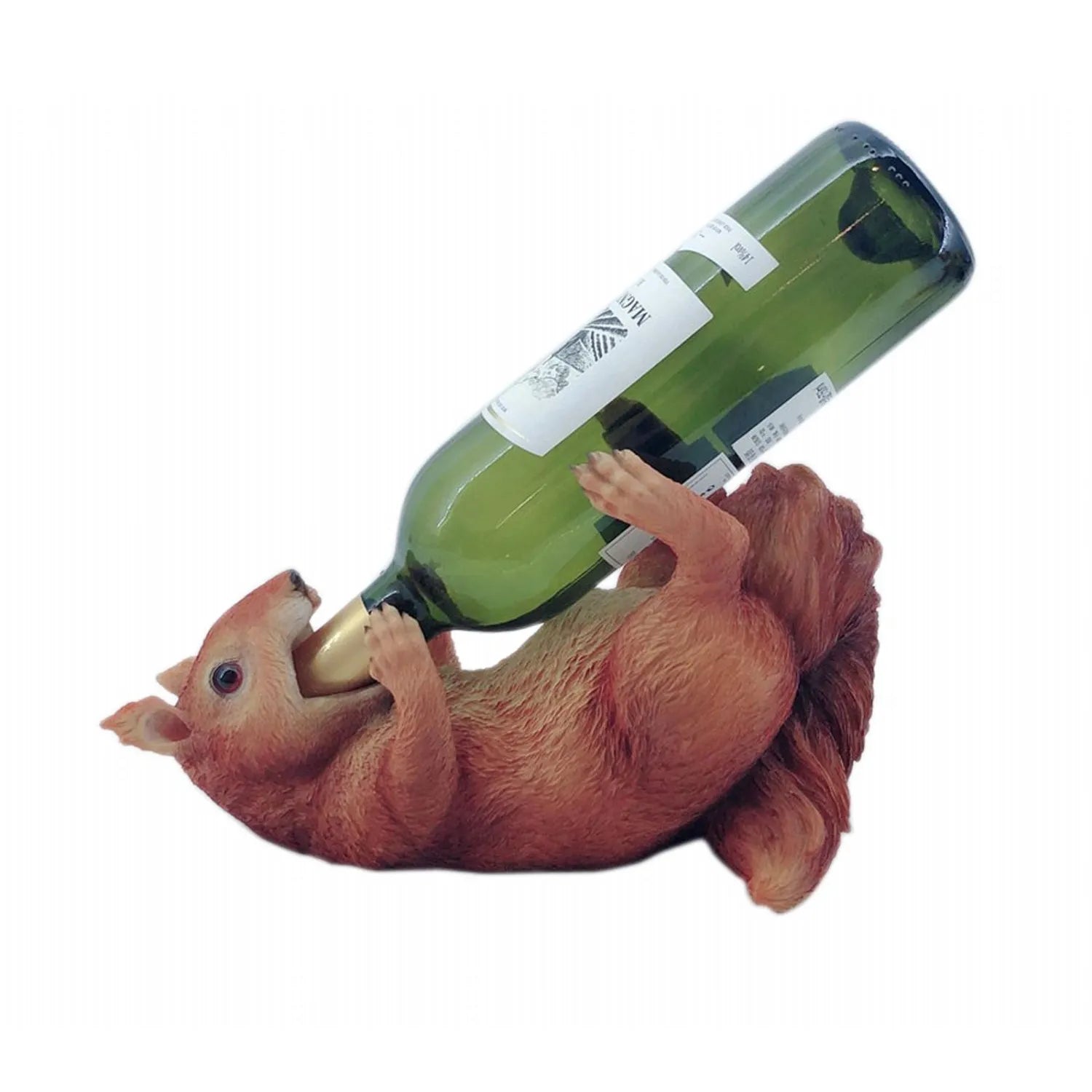 Squirrel-shaped wine bottle holder with a green wine bottle on a white background