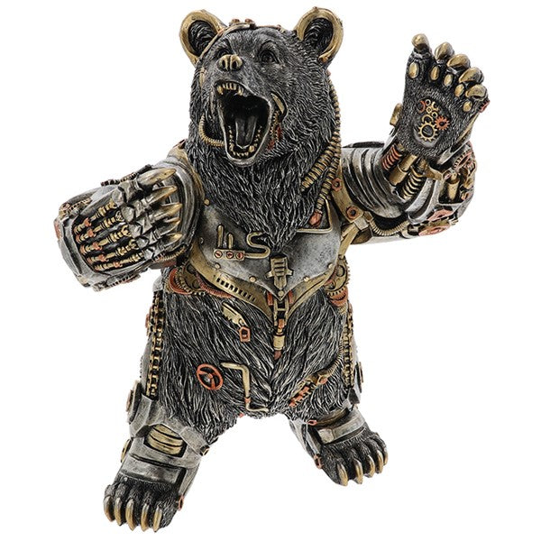 Steampunk-style bear figurine with mechanical elements on a white background