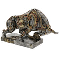 Steampunk-style elephant sculpture with mechanical gears on a white background