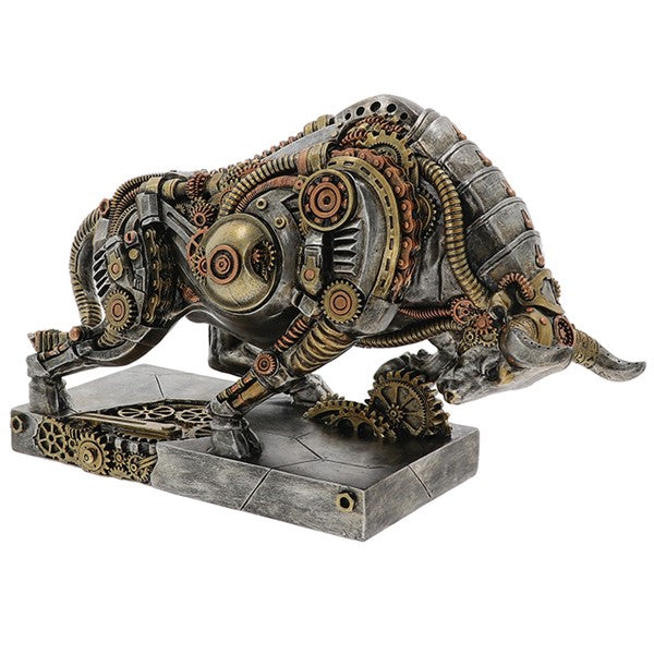 Steampunk-style elephant sculpture with mechanical gears on a white background