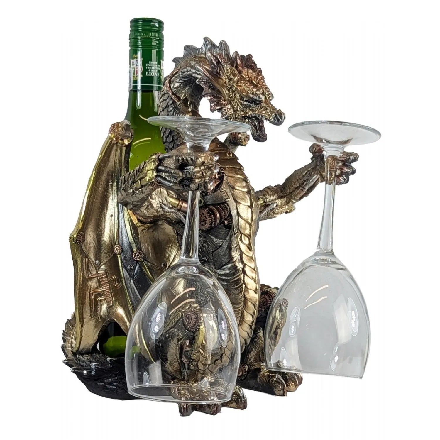 Dragon-shaped wine bottle and glass holder with a bottle and two glasses on a white background