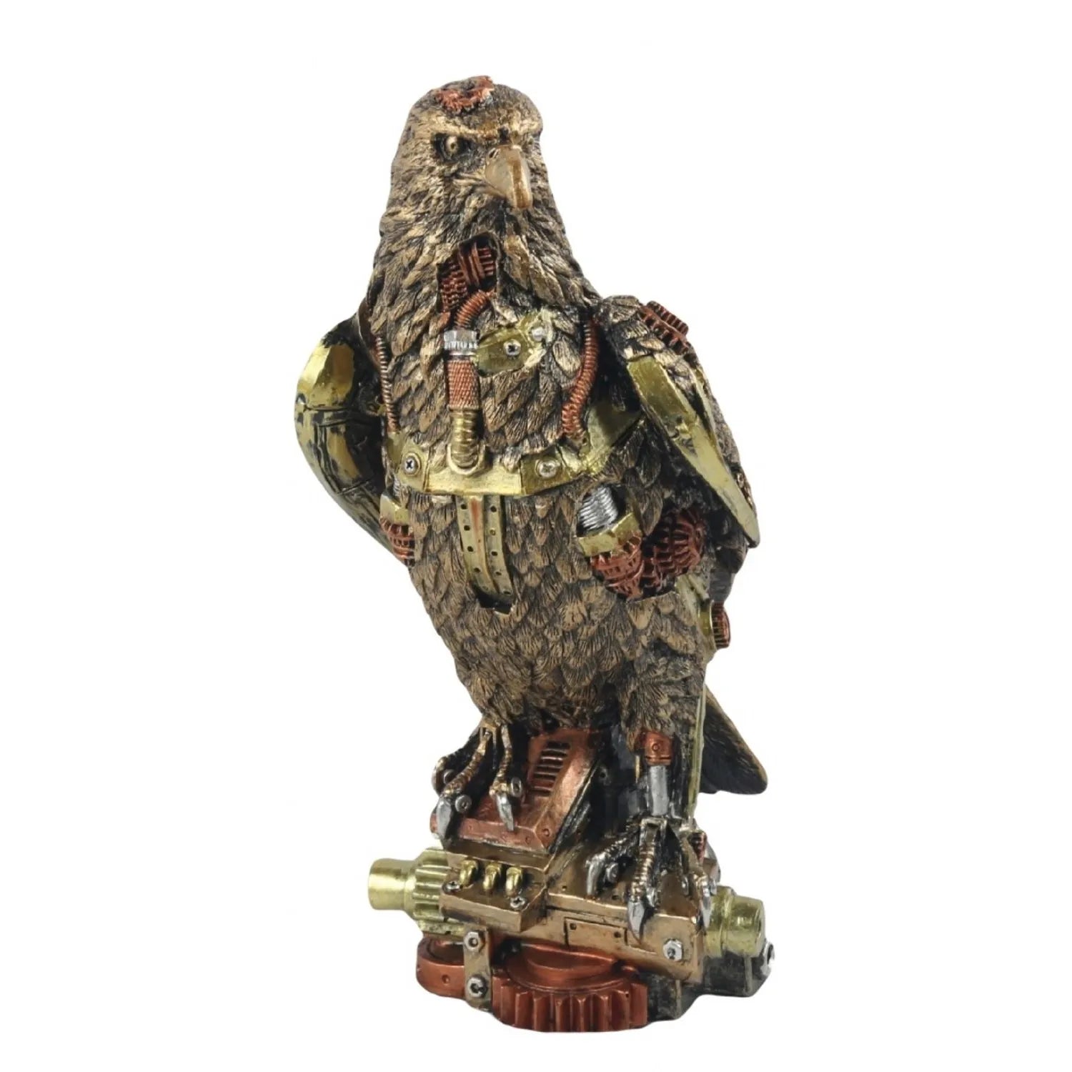 Steampunk-style eagle figurine with mechanical elements on a white background