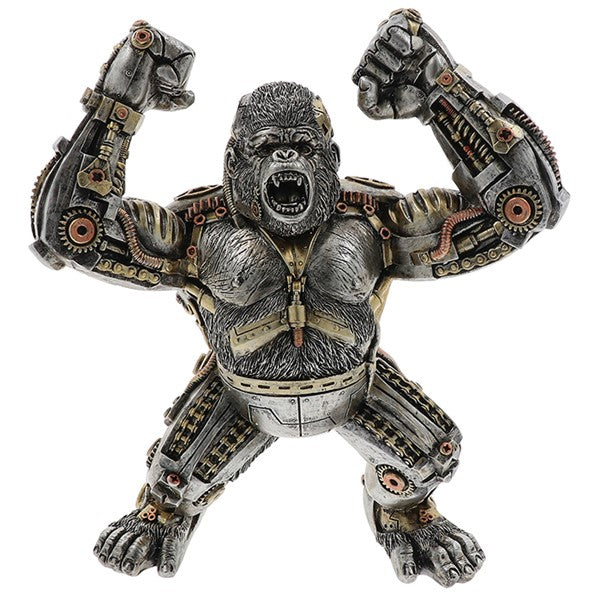 Mechanical gorilla figure with gears and metal parts on a white background