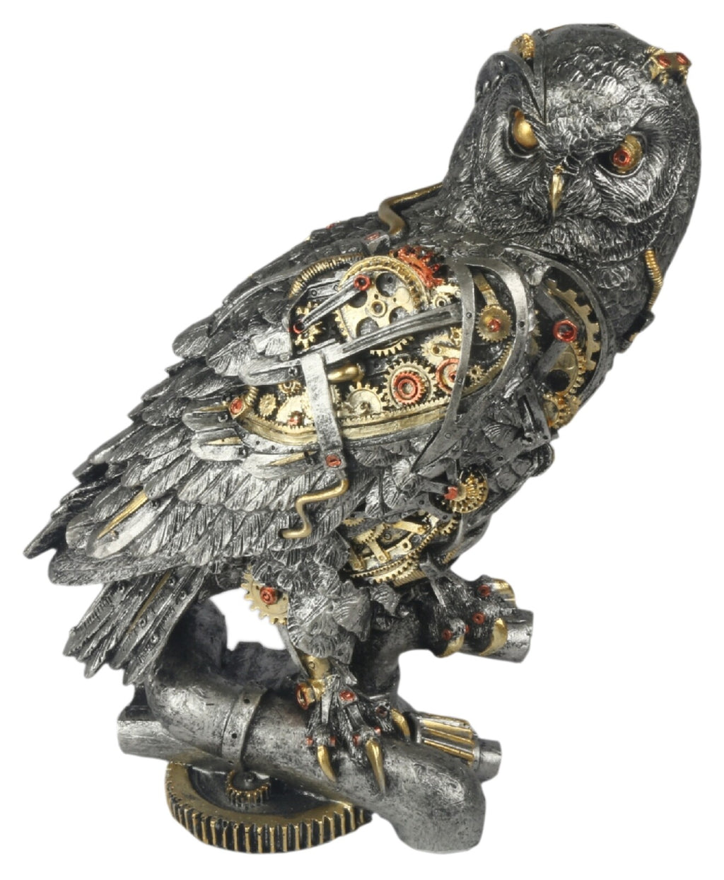Steampunk-style owl figurine with mechanical components on a white background