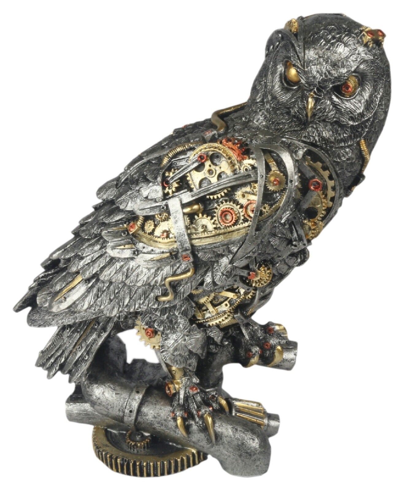 Steampunk-style owl figurine with mechanical components on a white background