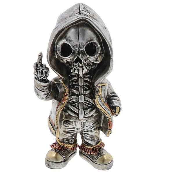 Skeleton figure with a hood and middle finger gesture on a white background