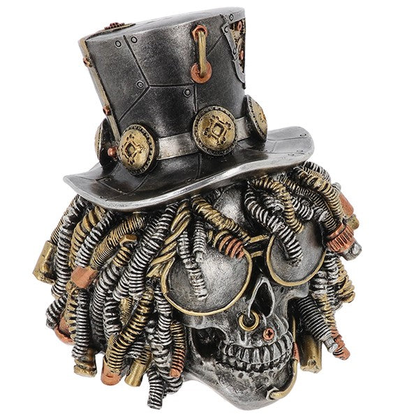 Steampunk-style skull with top hat and mechanical elements on a white background-Mystic-Cave