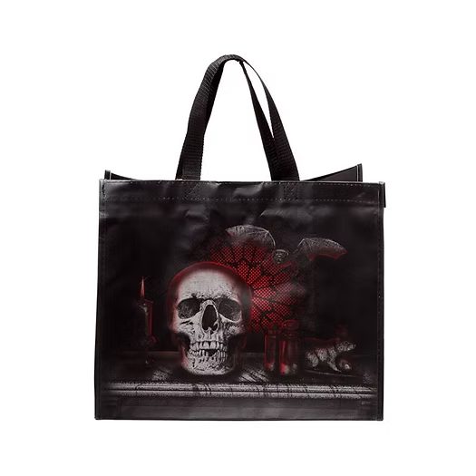 Black tote bag with a skull and red light design on a white background-Mystic-Cave