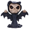 Gothic-style figurine with a skull face and bat wings on a white background