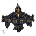 Skeleton figure in a hooded cloak holding a 'Welcome to Hell' banner on a white background