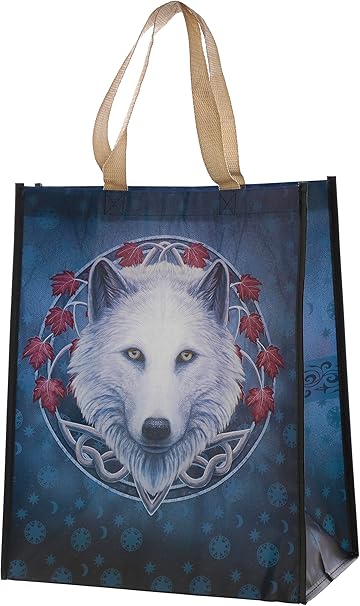 Tote bag with a wolf design and decorative elements on a blue background-Mystic-Cave
