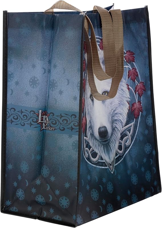 Tote bag with a wolf design and 'LY' logo on a blue background-Mystic-Cave