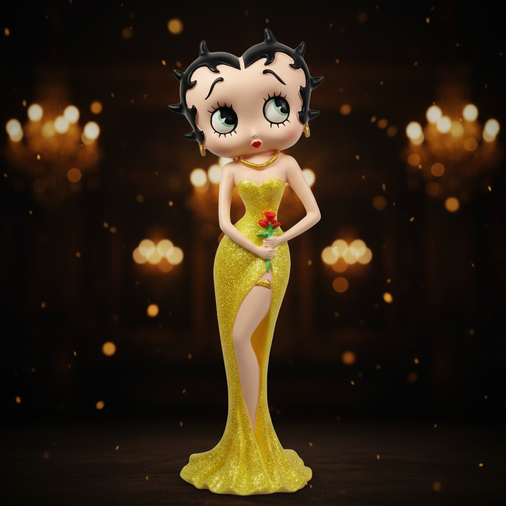 Betty Boop Holding Flowers Yellow Glitter Dress - Golden Background Mystic-Cave 