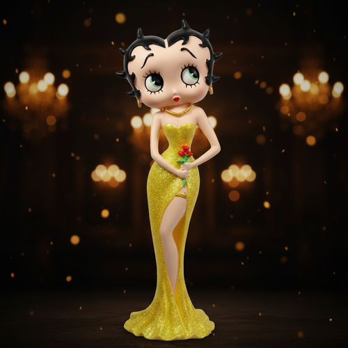 Betty Boop Holding Flowers Yellow Glitter Dress - Golden Background Mystic-Cave 