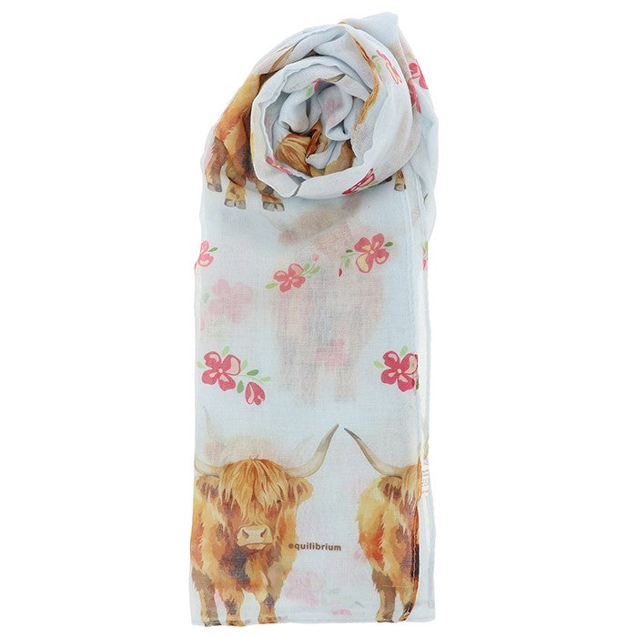 Scarf with highland cow and floral design on a white background