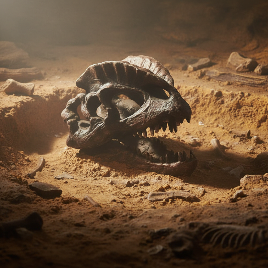 Dilophosaurus Skull fossil excavation background-Mystic-Cave