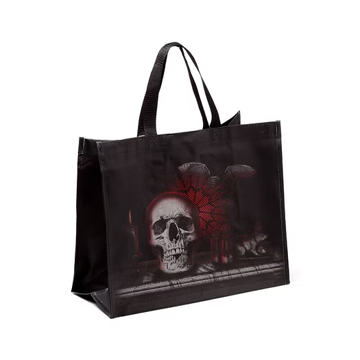 Black tote bag with a skull and crossbones design on a white background-Mystic-Cave
