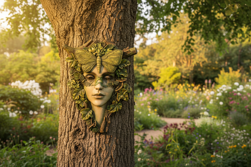 Fleur Tree Spirit Wall Plaque on a sunny garden tree