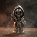 Steampunk skeleton in hoody figurine with dramatic atmospheric dark background and amber lighting