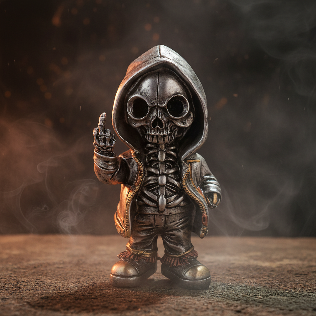 Steampunk skeleton in hoody figurine with dramatic atmospheric dark background and amber lighting