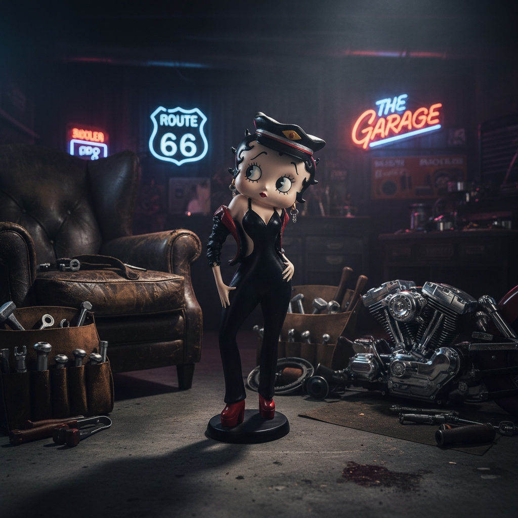 Betty Boop biker girl figurine centred on dark moody vintage garage background with neon lighting, no motorcycle