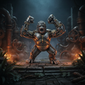 Steampunk Kong standing figurine with dramatic atmospheric dark background, amber lighting and jungle ruins with mechanical pipes