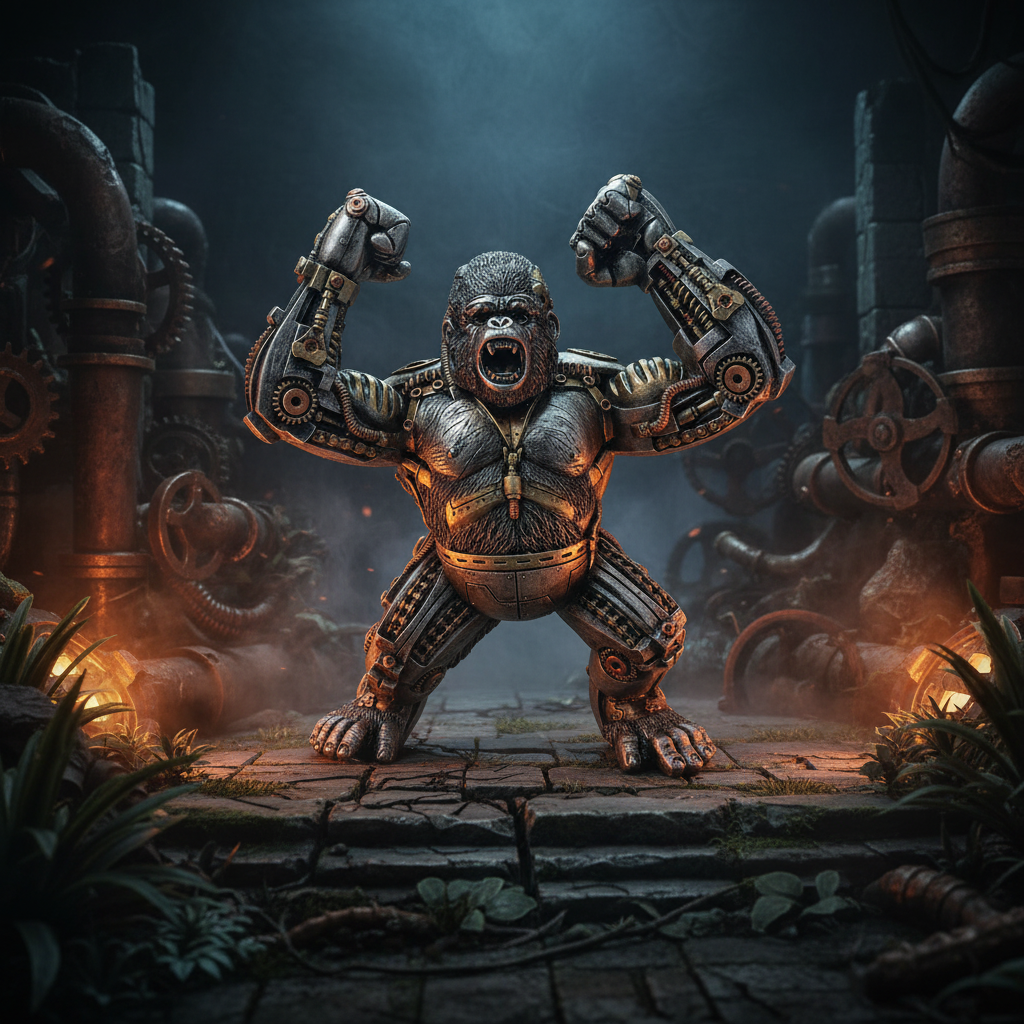 Steampunk Kong standing figurine with dramatic atmospheric dark background, amber lighting and jungle ruins with mechanical pipes