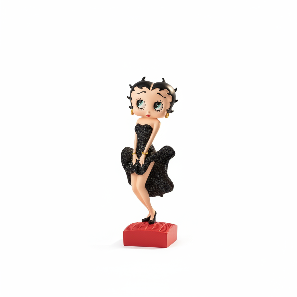 Betty Boop posing in black glitter dress figurine on clean white background, professional product photography