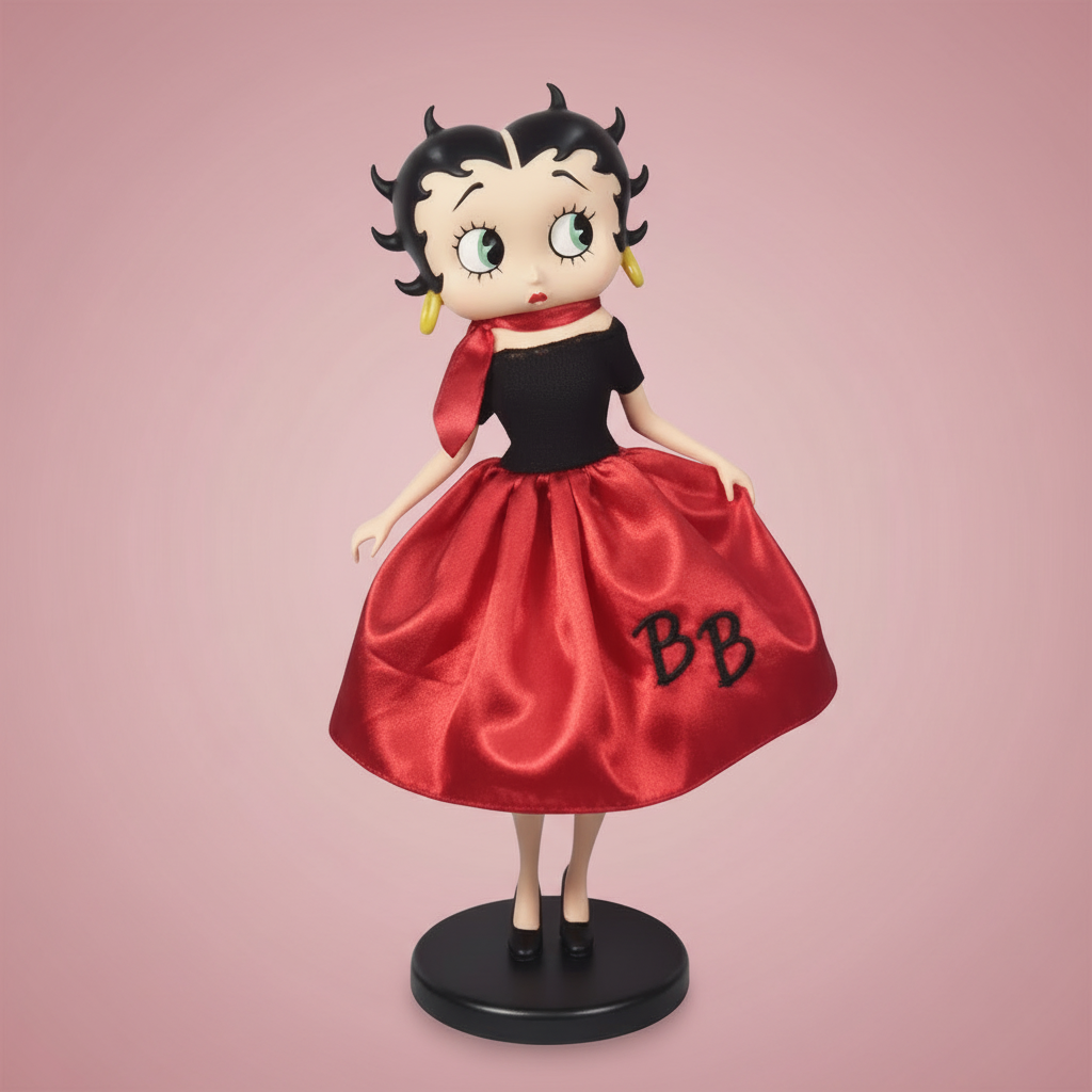 Betty Boop in 50s costume figurine with clean soft vintage pink background, professional product photography